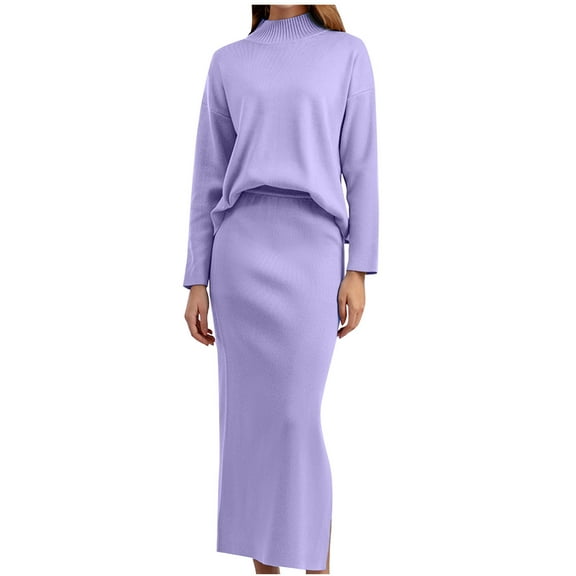 BLVB Women's Fall Winter 2 Piece Sweater Sets Ribbed Knit Long Sleeve Crewneck Tops and High Waist Wrap Maxi Skirt Sets