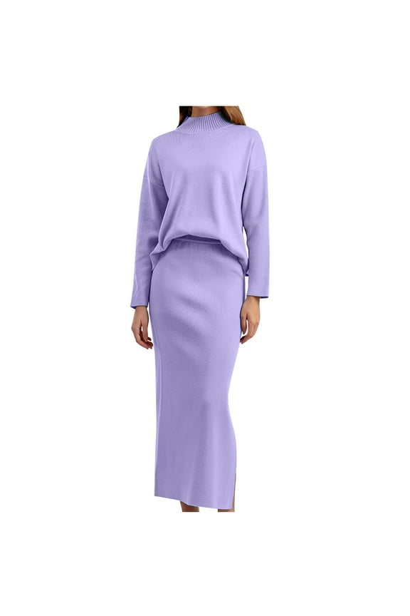 Women's Fall Winter 2 Piece Sweater Sets Ribbed Knit Long Sleeve Crewneck Tops and High Waist Wrap Maxi Skirt Sets