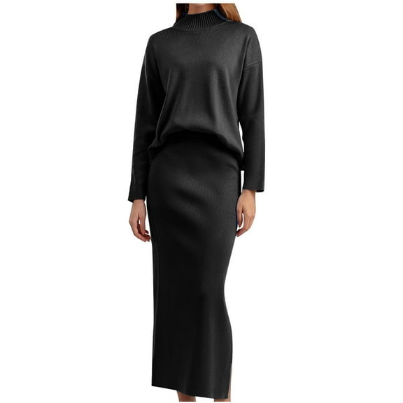 BLVB Women's Fall Winter 2 Piece Sweater Sets Ribbed Knit Long Sleeve Crewneck Tops and High Waist Wrap Maxi Skirt Sets