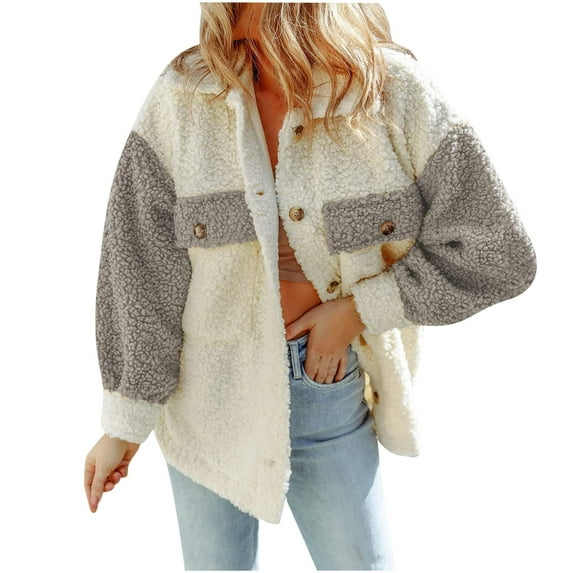 BLVB Women's Fall Winter Cozy Fuzzy Fleece Jacket Button Down Collared Shacket Oversized Fluffy Warm Outwear Coat