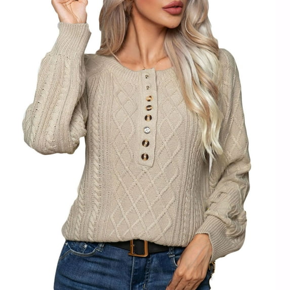 BLVB Women's Fall Winter Pullover Sweaters Casual Round Neck Button Long Sleeve Cable Knit Jumper Tops