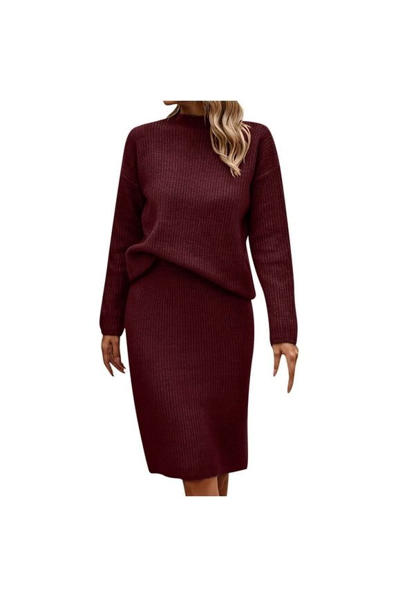 Women's Fall Winter Two Piece Sweater Skirt Sets Turtleneck Knit Sweater Top Midi Skirt 2 Piece Outfits for Casual Work