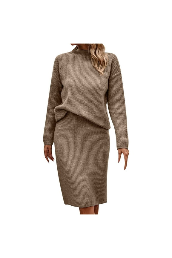 Women's Fall Winter Two Piece Sweater Skirt Sets Turtleneck Knit Sweater Top Midi Skirt 2 Piece Outfits for Casual Work