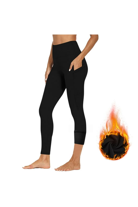 Women's Fleece Lined Leggings with Pockets Thermal Winter Workout High Waist Warm Yoga Pants Tight Full Length