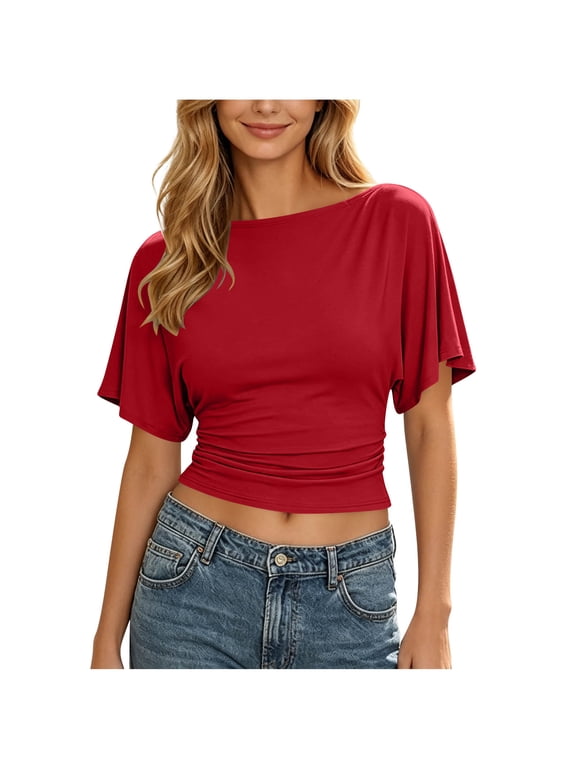 Women's Flutter Sleeve Cinched Crop Tops Wrap Tie Back Waist Blouse Boat Neck Elegant Ruched Fitted Summer Casual Shirt