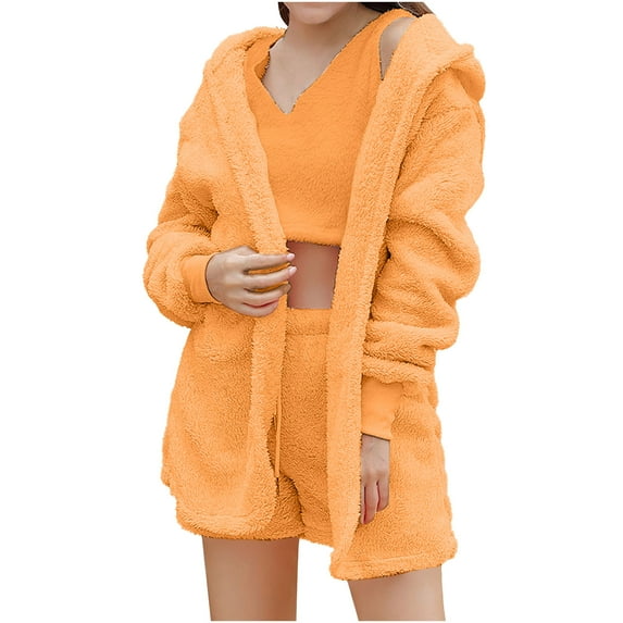BLVB Women's Fuzzy 3 Piece Sets Pajamas Outfits Soft Hooded Cardigan Jacket Coat And Crop Top Shorts Cozy Lounge Set