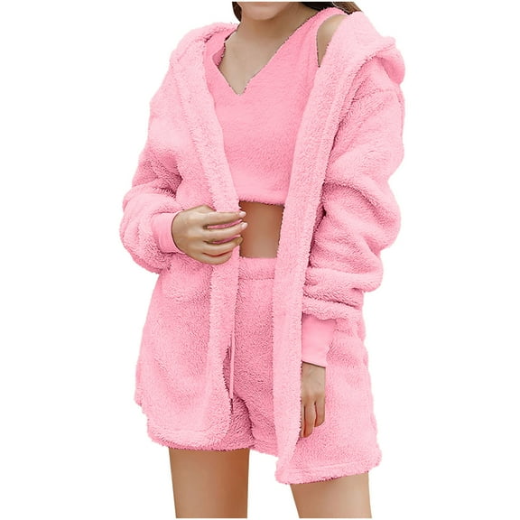 BLVB Women's Fuzzy 3 Piece Sets Pajamas Outfits Soft Hooded Cardigan Jacket Coat And Crop Top Shorts Cozy Lounge Set