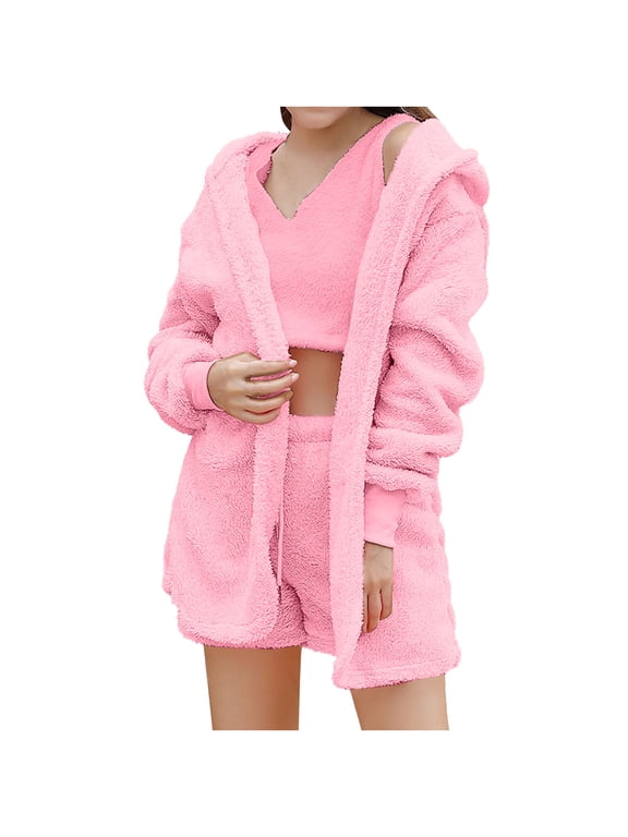 Women's Fuzzy 3 Piece Sets Pajamas Outfits Soft Hooded Cardigan Jacket Coat And Crop Top Shorts Cozy Lounge Set