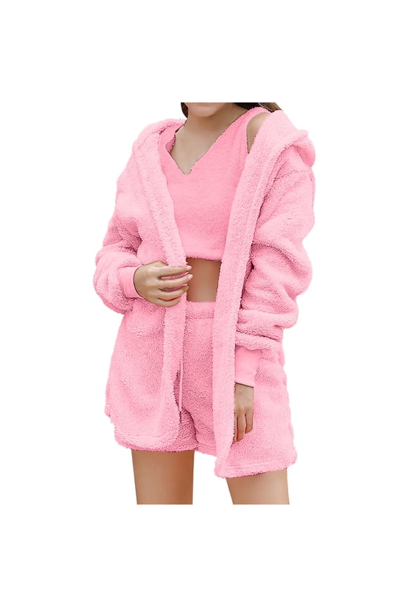 Women's Fuzzy 3 Piece Sets Pajamas Outfits Soft Hooded Cardigan Jacket Coat And Crop Top Shorts Cozy Lounge Set
