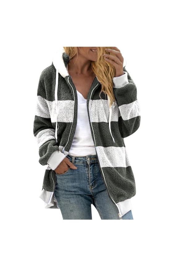 Women's Fuzzy Fleece Hooded Jacket Warm Winter Zip up Coats Color Block Casual Oversized Fluffy Outerwear
