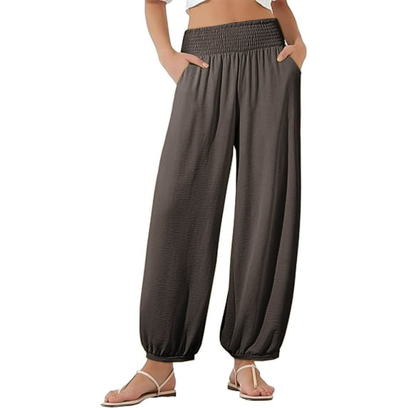 BLVB Women's Harem Pants Casual Loose Lightweight Smocked High Waist Pants Beach Vacation Outfits with Pockets
