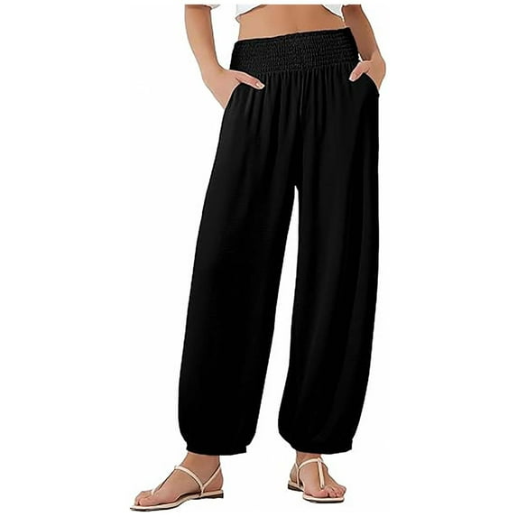 BLVB Women's Harem Pants Casual Loose Lightweight Smocked High Waist Pants Beach Vacation Outfits with Pockets