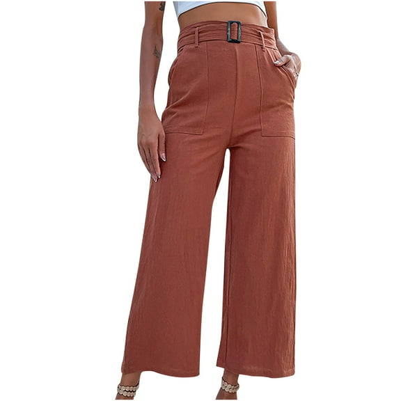 BLVB Women's High Waist Wide Leg Pants Business Work Office Casual Loose Long Pants Belted Trousers with Pockets
