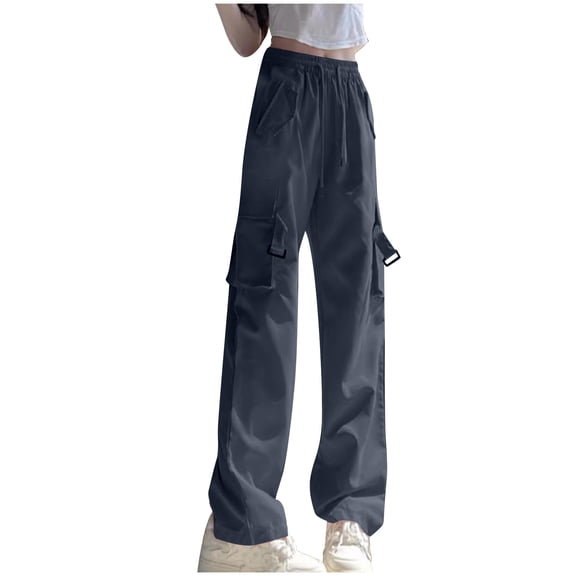 BLVB Women's High Waisted Cargo Pants Wide Leg Casual Baggy Pants Drawstring Work Trouser Streetwear with Pockets Dark Gray