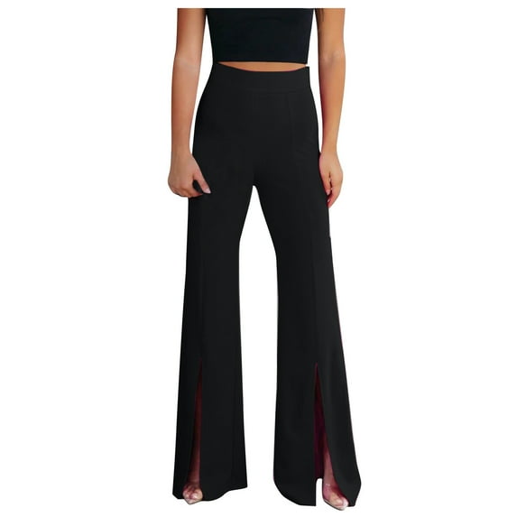 BLVB Women's High Waisted Flare Pants Casual Solid Color Slim Stretch Split Hem Bell Bottom Pants Trousers