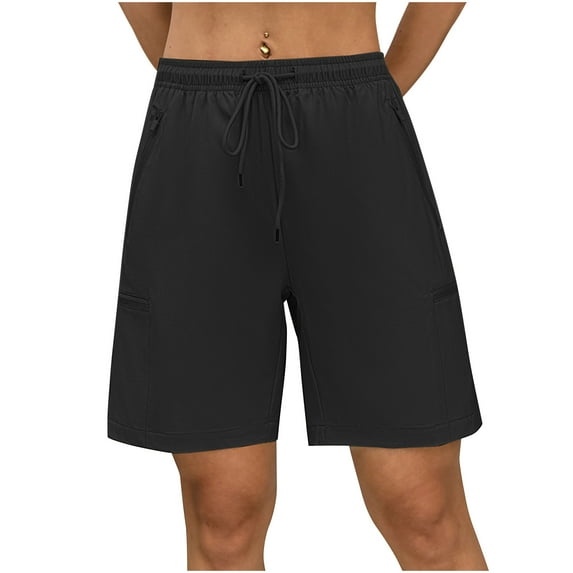BLVB Women's High Waisted Workout Shorts Long Bermuda Gym Yoga Shorts with Zipper Pockets Athletic Knee Length Running Shorts