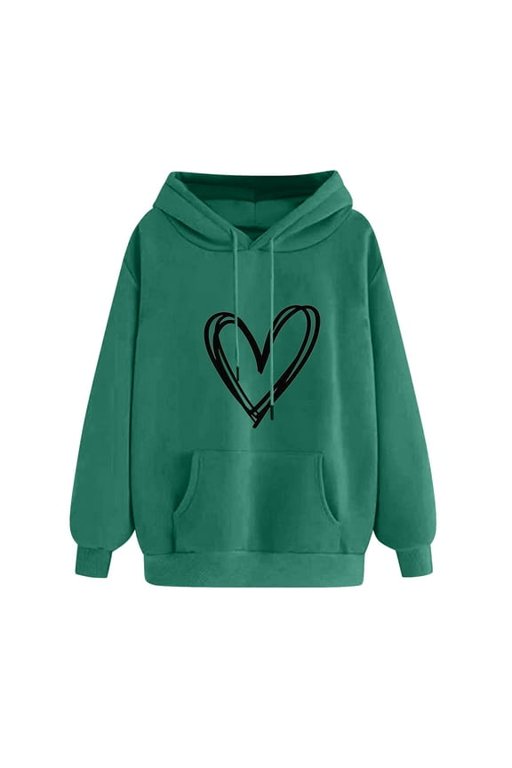 Women's Hoodies Pullover Cute Heart Print Sweatshirts Fashion Long Sleeve Tops with Pockets Drawstring