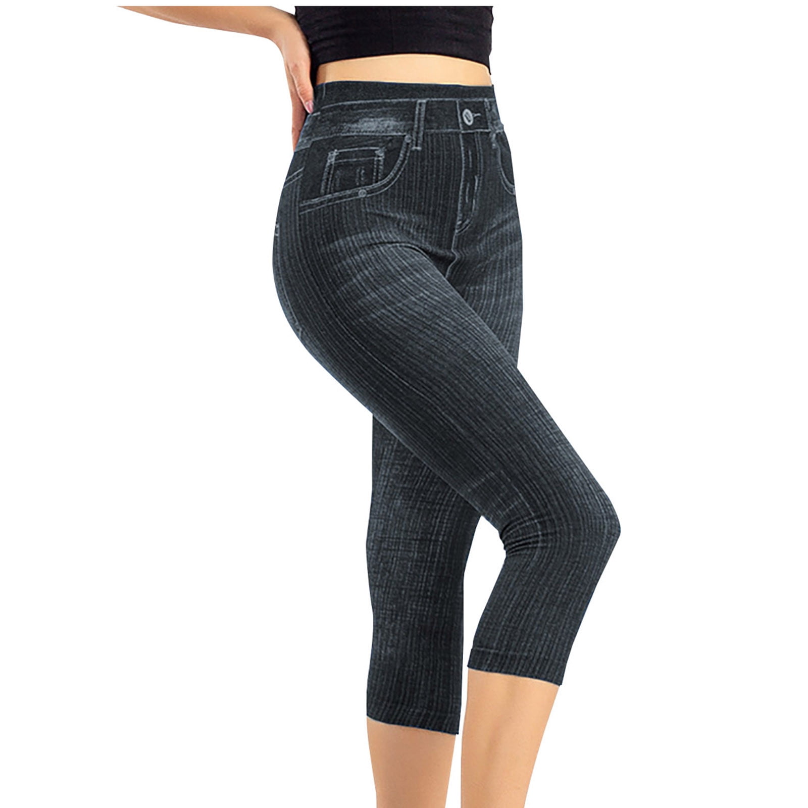 BLVB Women's Jean Look Jeggings Tights Slimming Capri Leggings Stretchy Soft High Waisted Skinny