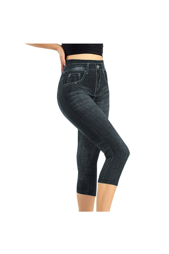 Women's Jean Look Jeggings Tights Slimming Capri Leggings Stretchy Soft High Waisted Skinny Pants Capris Black
