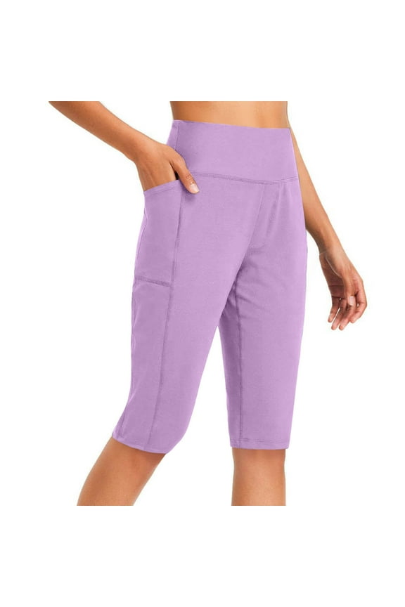 Women's Knee Length Capri Leggings with Pockets High Waisted Workout Running Yoga Capris Pants Gym Clothes for Women