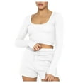 thumbnail image 1 of BLVB Women's Knit 2 Piece Outfits Casual Crewneck Long Sleeve Crop Tops Drawstring Shorts Matching Sets Loungewear, 1 of 8