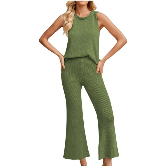 BLVB Women's Knitted 2 Piece Outfits Casual Crewneck Sleeveless Tank Tops and Flare Pants Lounge Sets
