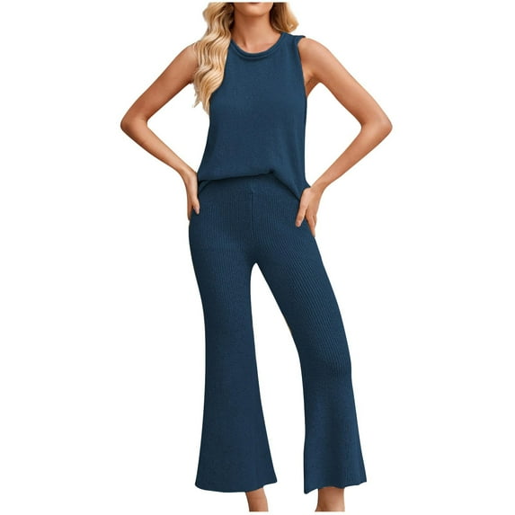BLVB Women's Knitted 2 Piece Outfits Casual Crewneck Sleeveless Tank Tops and Flare Pants Lounge Sets
