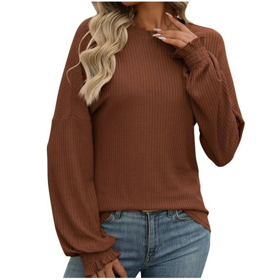 BLVB Women's Knitted Tops Trendy Ribbed Crewneck Ruffle Long Sleeve Shirts Casual Fall Going out Blouse