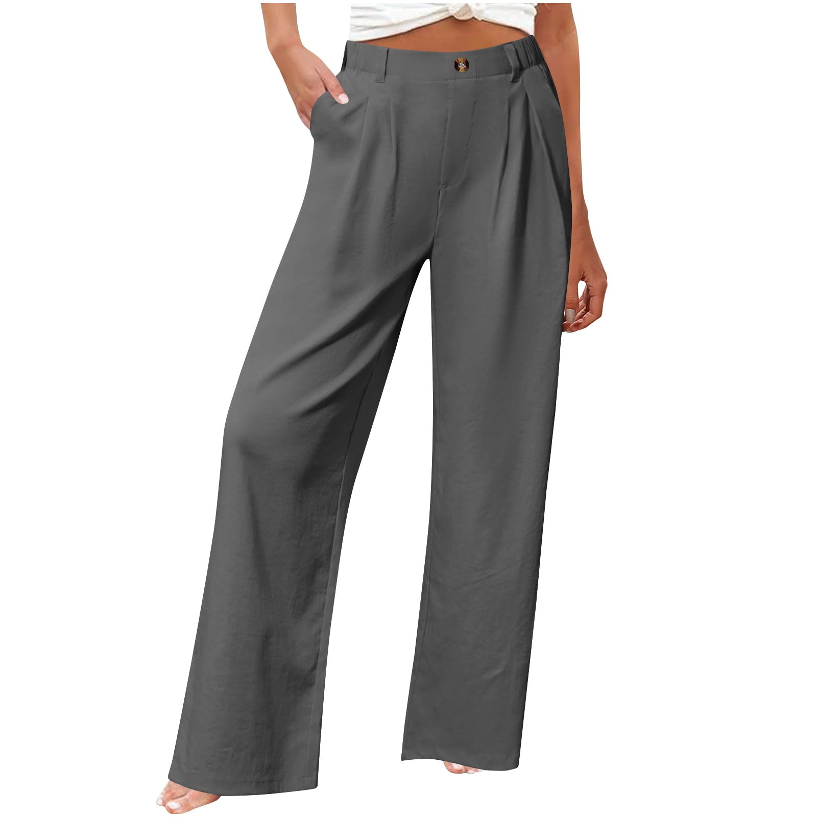BLVB Women's Linen Pants Wide Leg Work Dress Pants High Waist Casual ...