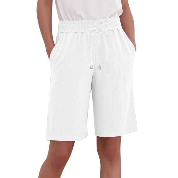 BLVB Women's Linen Shorts Casual Bermuda Long Beach Summer Shorts with Pockets High Waisted Knee Length Lounge Bottoms