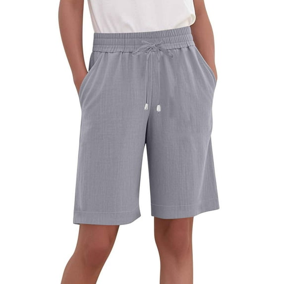 BLVB Women's Linen Shorts Casual Bermuda Long Beach Summer Shorts with Pockets High Waisted Knee Length Lounge Bottoms