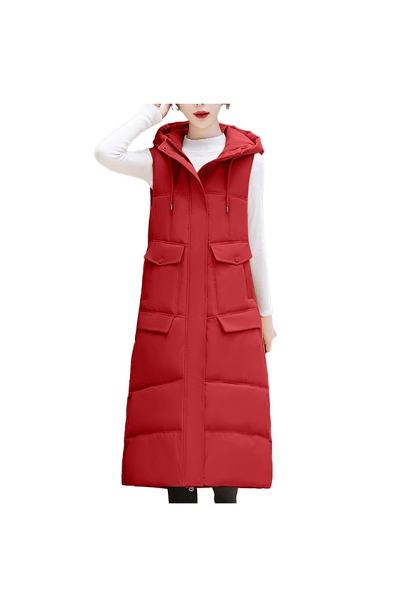 Women's Long Quilted Vest Hooded Maxi Length Sleeveless Puffer Vest Padded Coat Winter Warm Jackets Outerwear