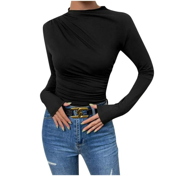 BLVB Women's Long Sleeve Basic Shirts 2024 Crewneck Ruched Layering Tight Slim Fitted Going out Crop Tops
