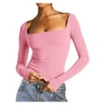 thumbnail image 1 of BLVB Women's Long Sleeve Crop Top Square Neck Double Lined Basic Slim T Shirt Base Layer Tights Fall Winter Clothes, 1 of 6