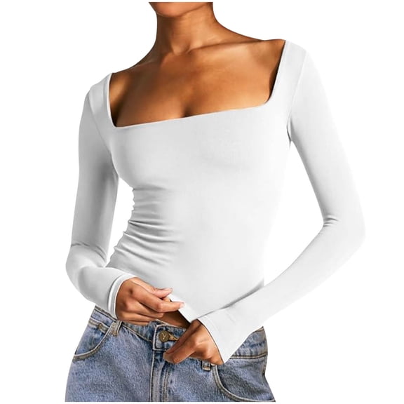 BLVB Women's Long Sleeve Crop Top Square Neck Double Lined Basic Slim T Shirt Base Layer Tights Fall Winter Clothes