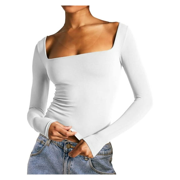 BLVB Women's Long Sleeve Crop Top Square Neck Double Lined Basic Slim T Shirt Base Layer Tights Fall Winter Clothes