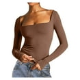 thumbnail image 1 of BLVB Women's Long Sleeve Crop Top Square Neck Double Lined Basic Slim T Shirt Base Layer Tights Fall Winter Clothes, 1 of 6
