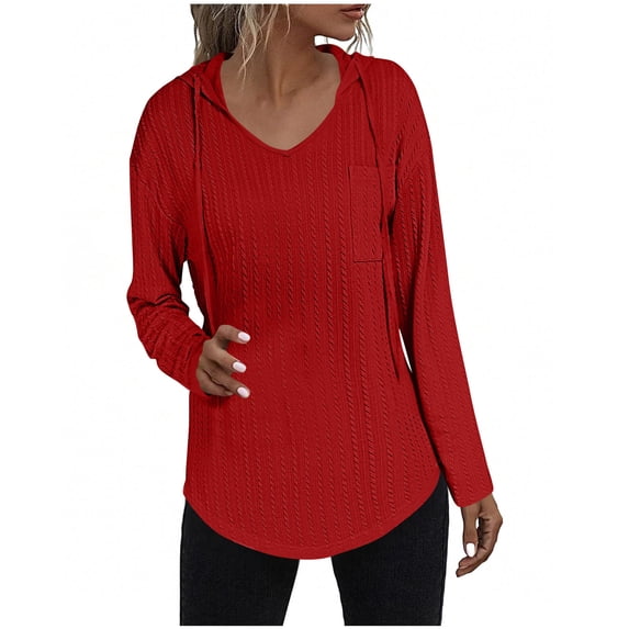 BLVB Women's Long Sleeve Hoodies Tops Lightweight Textured Knit Hooded Sweatshirts Pullover Casual Tunic Shirts with Curvy Hem