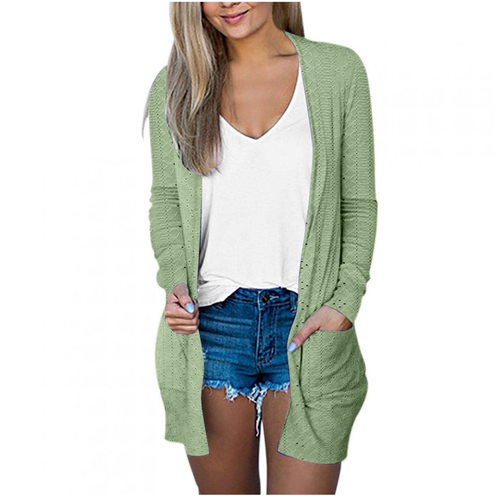 VERY J Eyelet Open Front Long Sleeve Cardigan