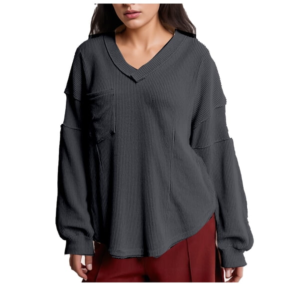 BLVB Women's Long Sleeve Shirts Oversized Tunic Tops Trendy V Neck Pullover Fashion Clothes Outfits