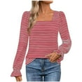 thumbnail image 1 of BLVB Women's Long Sleeve T-Shirts Fall Causal Trendy Striped Square Neck Going out Tunic Tops, 1 of 6