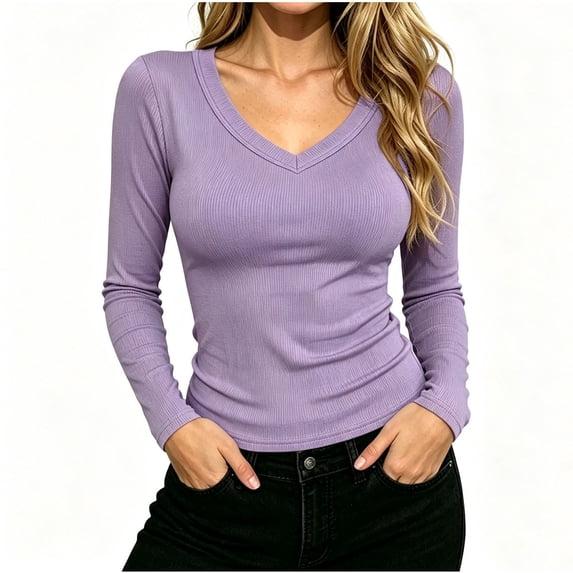 BLVB Women's Long Sleeve T Shirts V Neck Slim Fit Tops Ribbed Knit Layering Casual Basic Going out Tees Fall Clothes