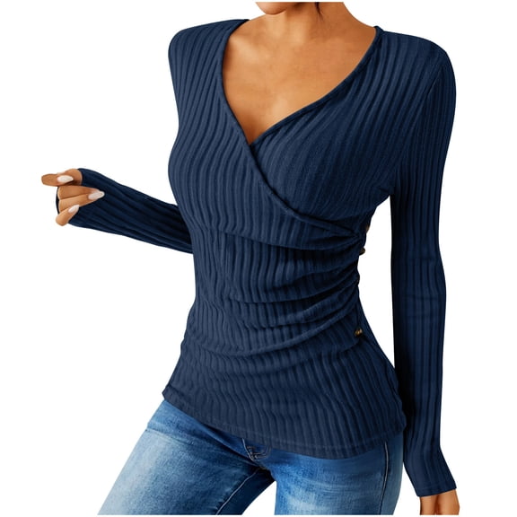 BLVB Women's Long Sleeve Tops Slim Fitted V Neck Wrap Going out Top Casual Ribbed Knit Sweaters Trendy Fall Blouse