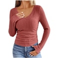 thumbnail image 1 of BLVB Women's Long Sleeve Tops V Neck Ribbed Knit Slim Fit Shirts Fall Basic Casual Stretch Layering Going out Tee, 1 of 4