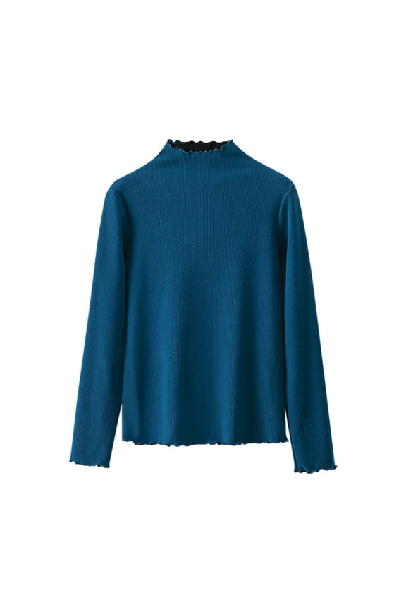 Women's Long Sleeve Turtleneck Shirt Mock Neck Tops Stretch Ribbed Lettuce Trim Slim T-Shirt Tight Tops Tee