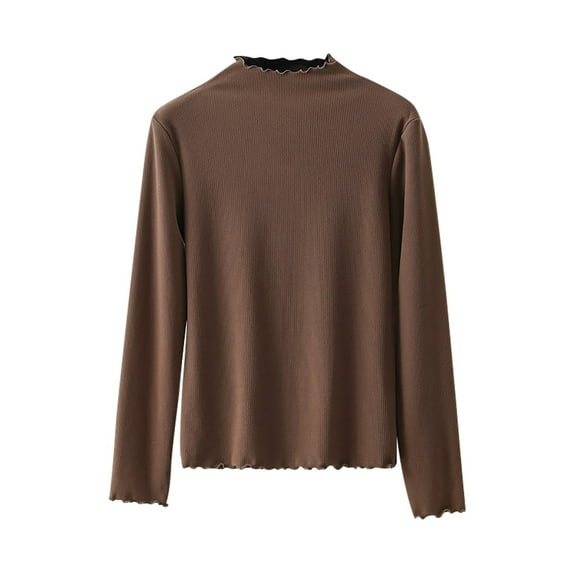 BLVB Women's Long Sleeve Turtleneck Shirt Mock Neck Tops Stretch Ribbed Lettuce Trim Slim T-Shirt Tight Tops Tee