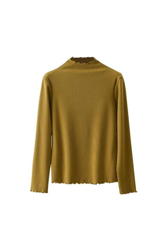 Women's Long Sleeve Turtleneck Shirt Mock Neck Tops Stretch Ribbed Lettuce Trim Slim T-Shirt Tight Tops Tee