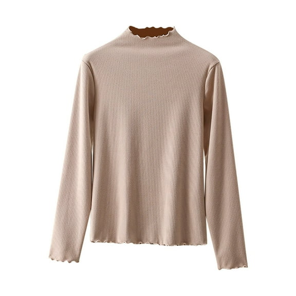 BLVB Women's Long Sleeve Turtleneck Shirt Mock Neck Tops Stretch Ribbed Lettuce Trim Slim T-Shirt Tight Tops Tee