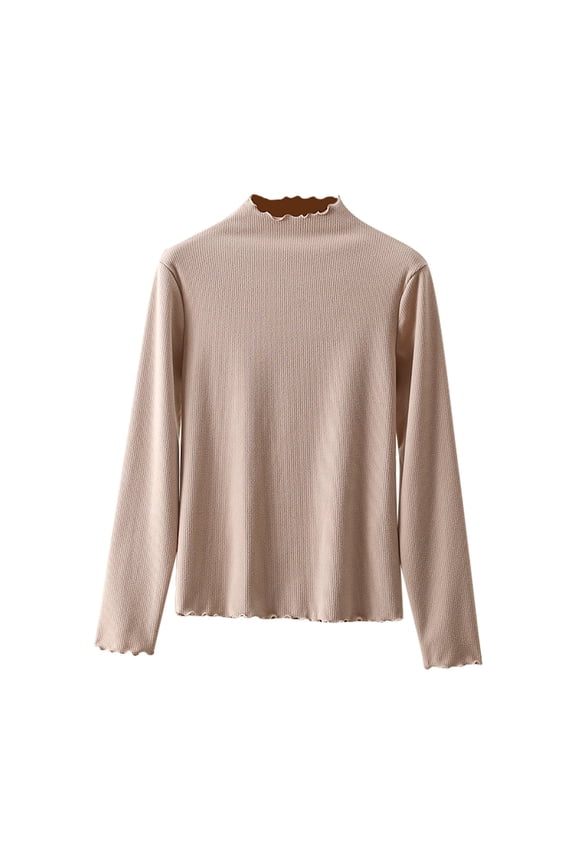Women's Long Sleeve Turtleneck Shirt Mock Neck Tops Stretch Ribbed Lettuce Trim Slim T-Shirt Tight Tops Tee