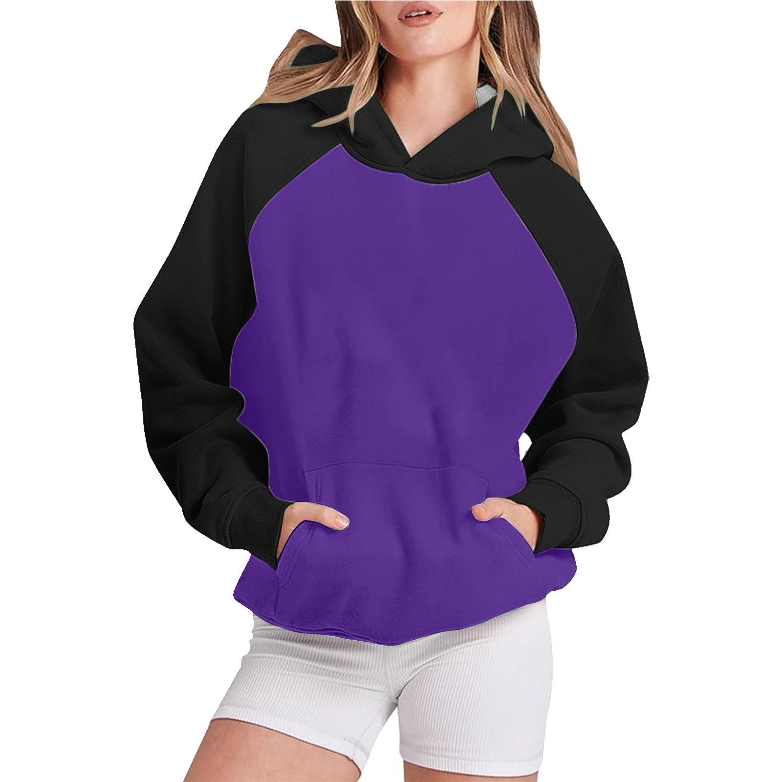 BLVB Women s Long Sleeves Color Block Hoodie Sweatshirts Cute Casual Loose Lightweight Tunic Pullover with Pocket Walmart